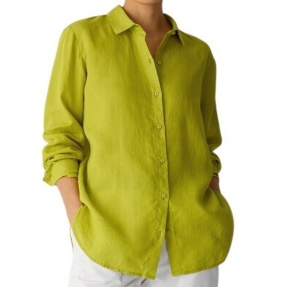 Eileen Fisher Tops - Eileen Fisher Citron Organic Handkerchief Linen Classic Collar Shirt Women's M